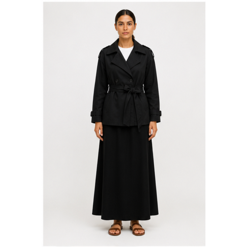 Veste trench noire ceinturée Tsniout — Tissu souple noir, coupe structurée