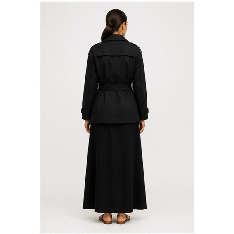 Veste trench noire ceinturée Tsniout — vue 2 — Tissu souple noir, coupe structurée