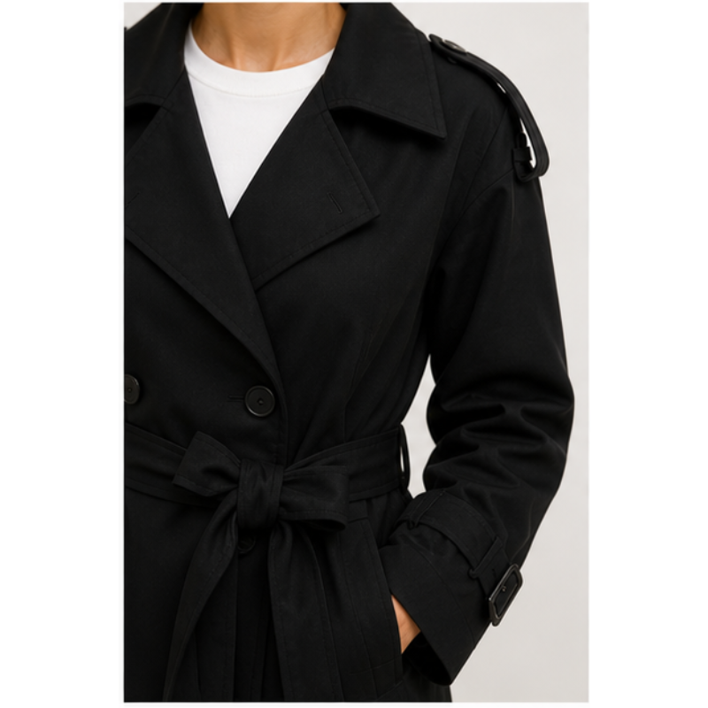Veste trench noire ceinturée Tsniout — vue 4 — Tissu souple noir, coupe structurée