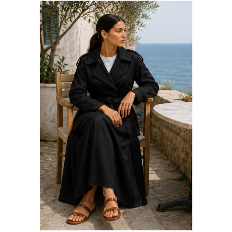 Veste trench noire ceinturée Tsniout — vue 5 — Tissu souple noir, coupe structurée