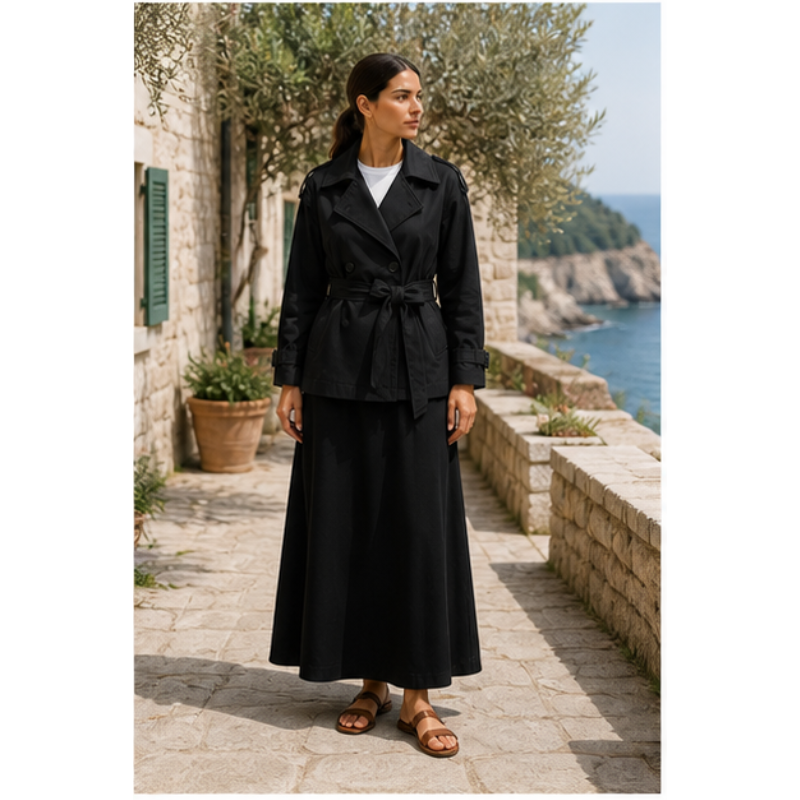 Veste trench noire ceinturée Tsniout — vue 6 — Tissu souple noir, coupe structurée
