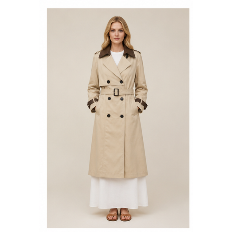 Trench long beige à col contrasté Tsniout — Tissu souple beige, détails similicuir