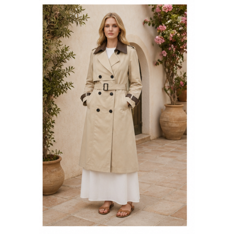 Trench long beige à col contrasté Tsniout — vue 3 — Tissu souple beige, détails similicuir