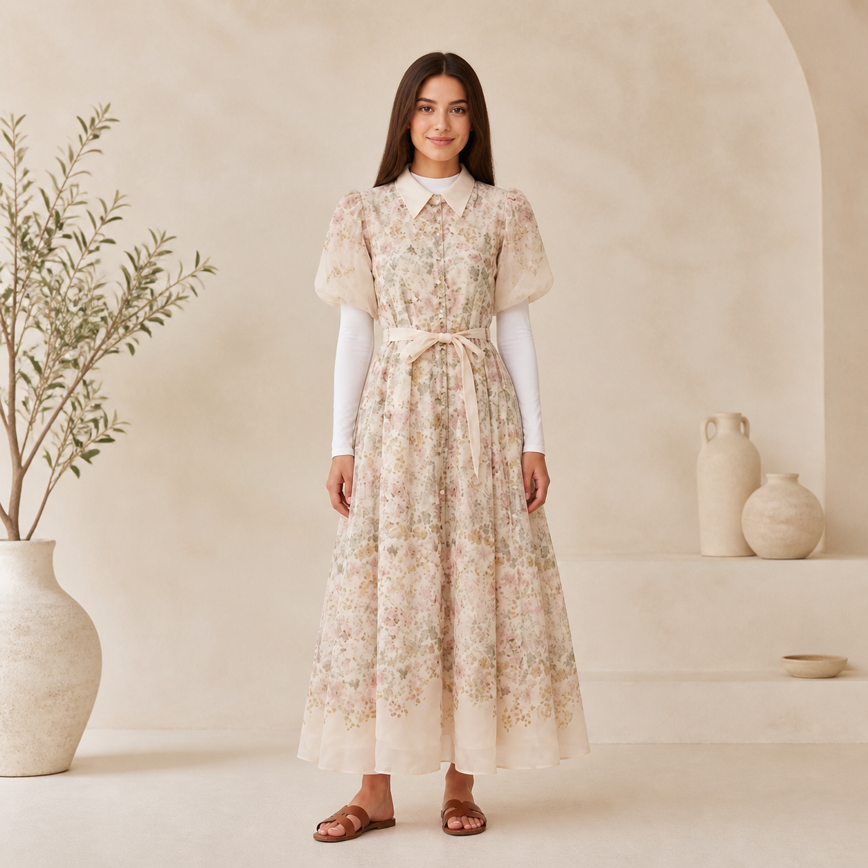 Robe longue beige fleurie à col chemise Tsniout — Tissu fleuri opaque, coupe longue et fluide