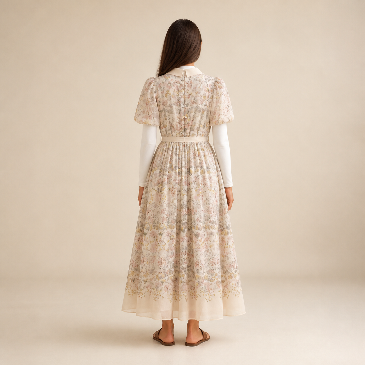 Robe longue beige fleurie à col chemise Tsniout — vue 2 — Tissu fleuri opaque, coupe longue et fluide