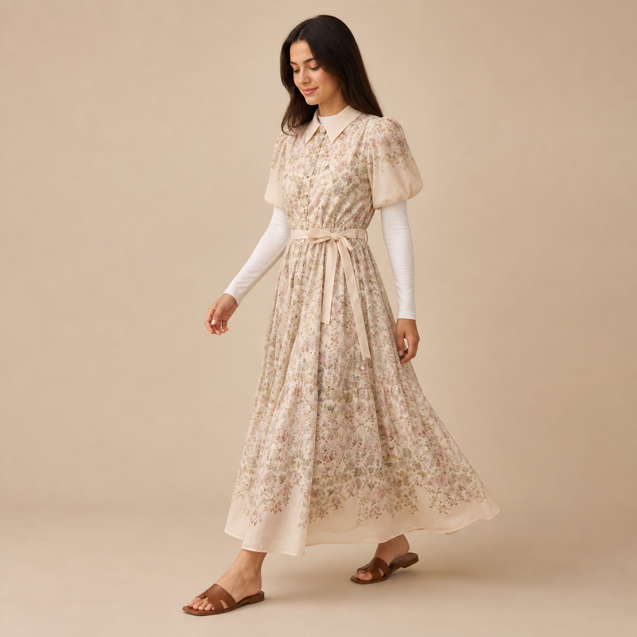 Robe longue beige fleurie à col chemise Tsniout — vue 3 — Tissu fleuri opaque, coupe longue et fluide