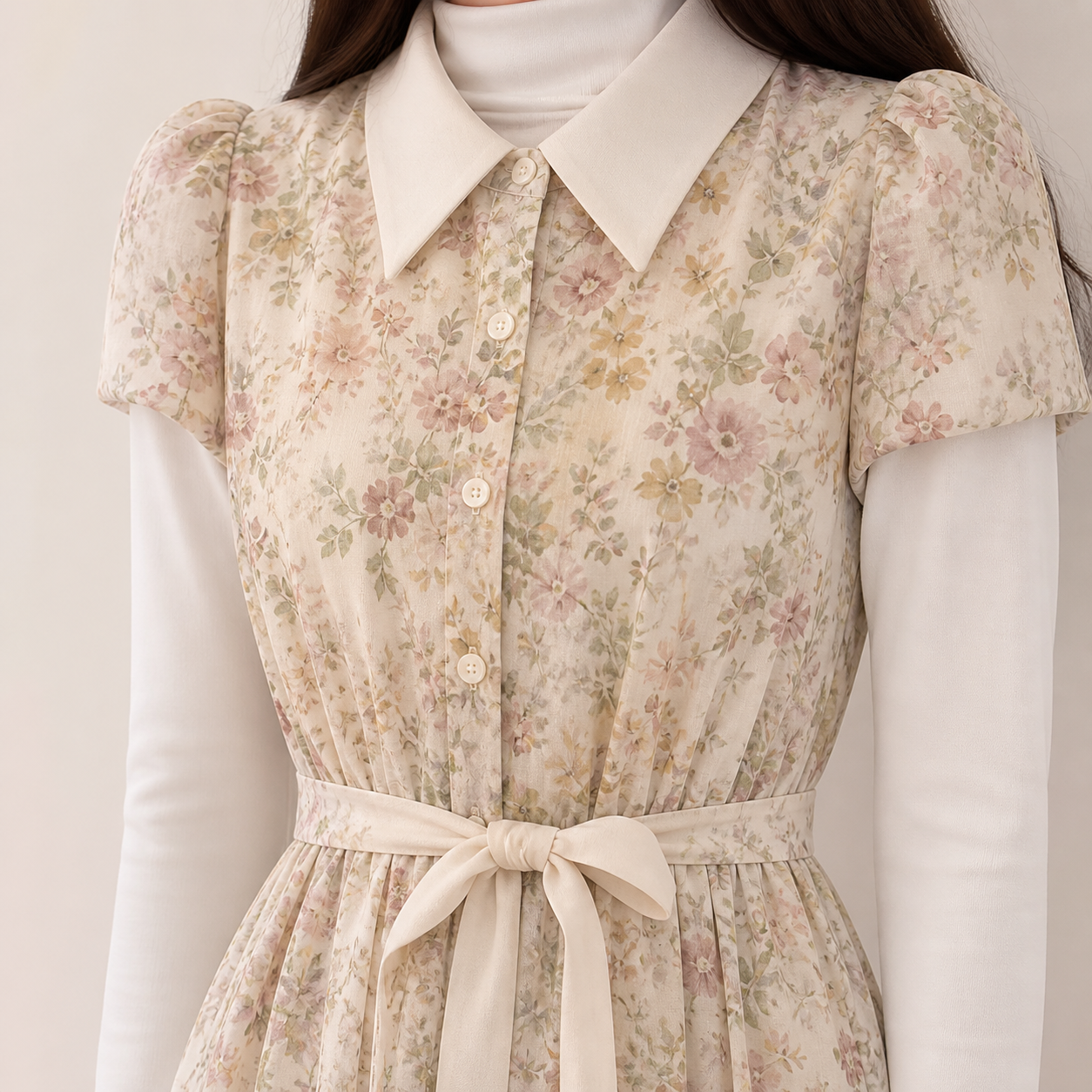 Robe longue beige fleurie à col chemise Tsniout — vue 4 — Tissu fleuri opaque, coupe longue et fluide