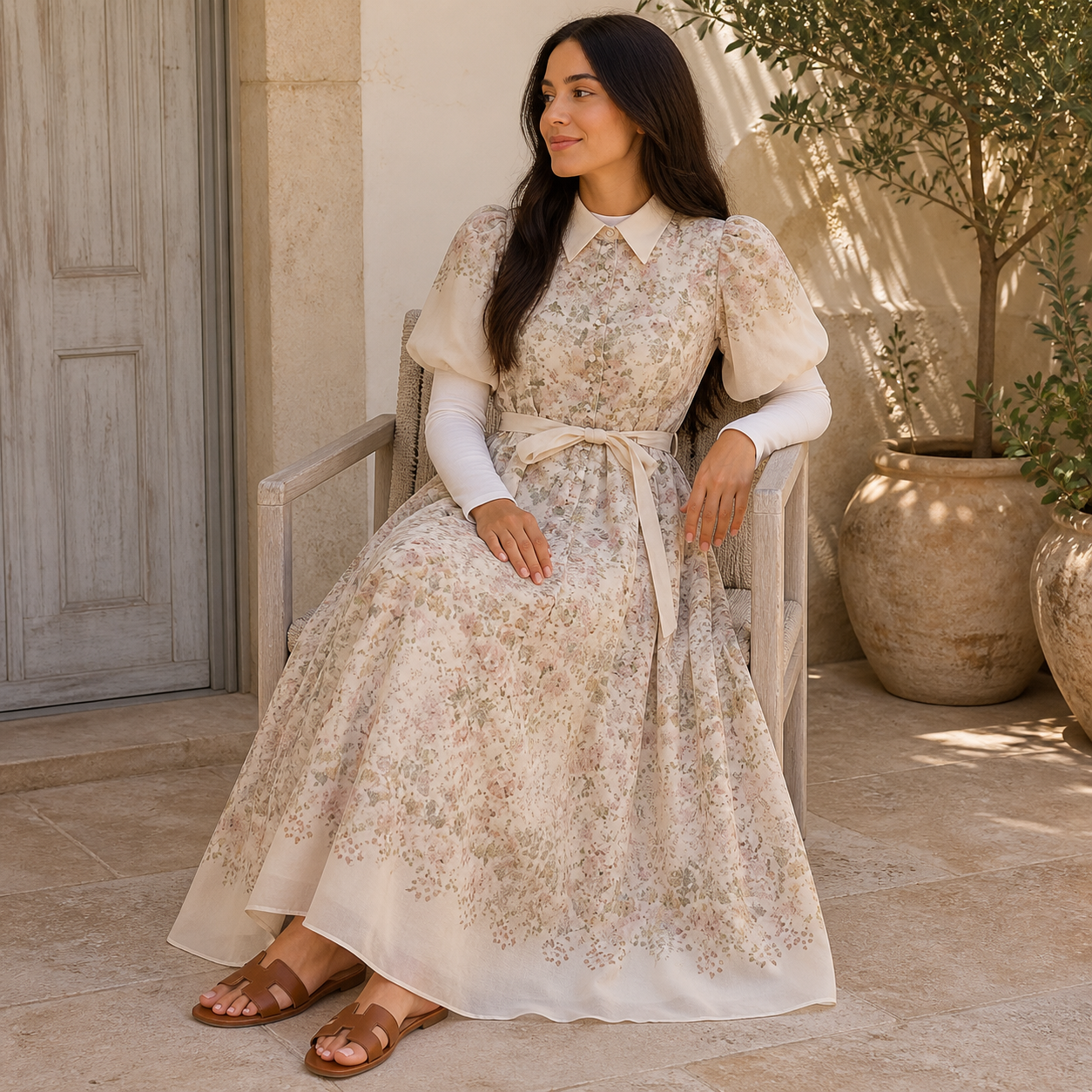 Robe longue beige fleurie à col chemise Tsniout — vue 5 — Tissu fleuri opaque, coupe longue et fluide