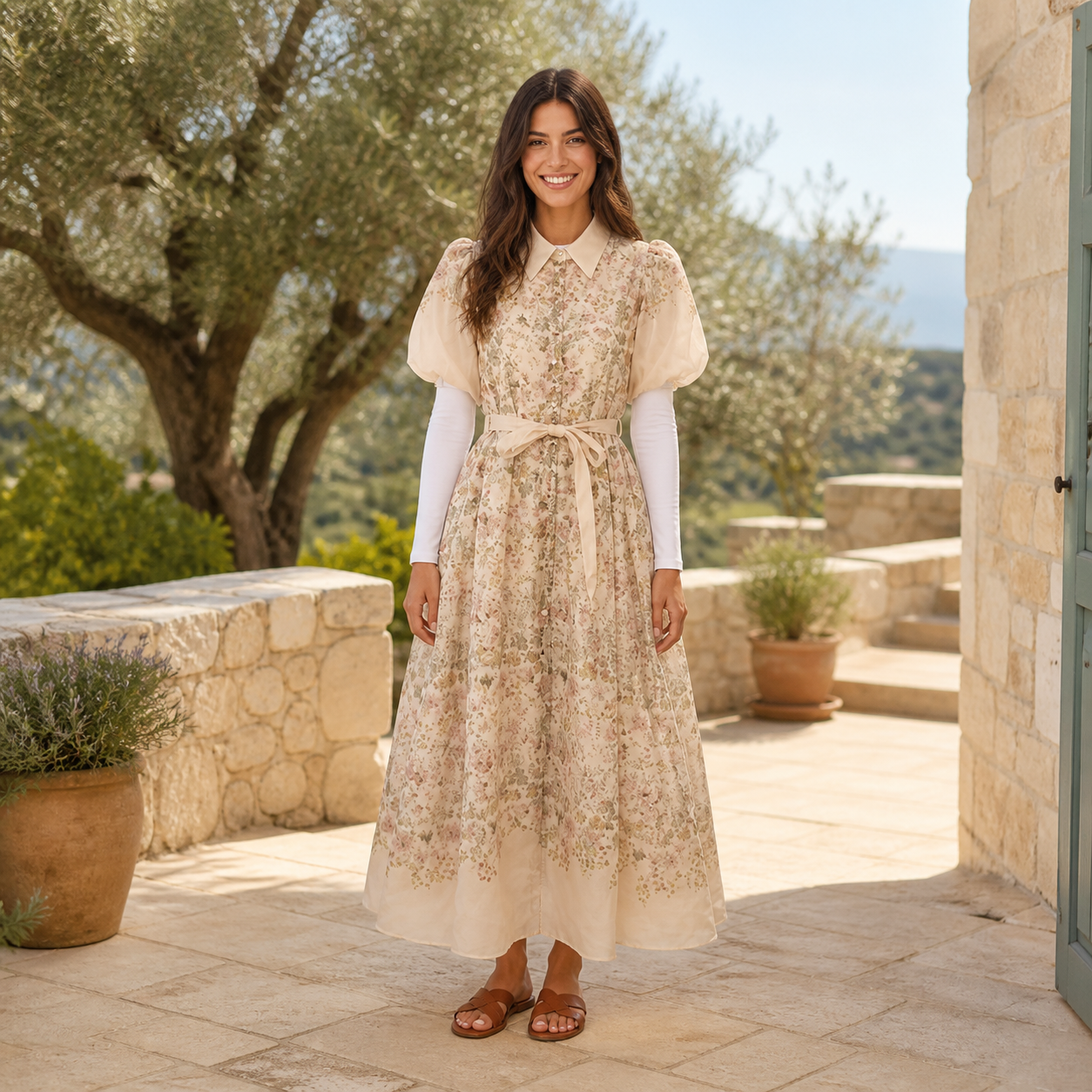 Robe longue beige fleurie à col chemise Tsniout — vue 6 — Tissu fleuri opaque, coupe longue et fluide