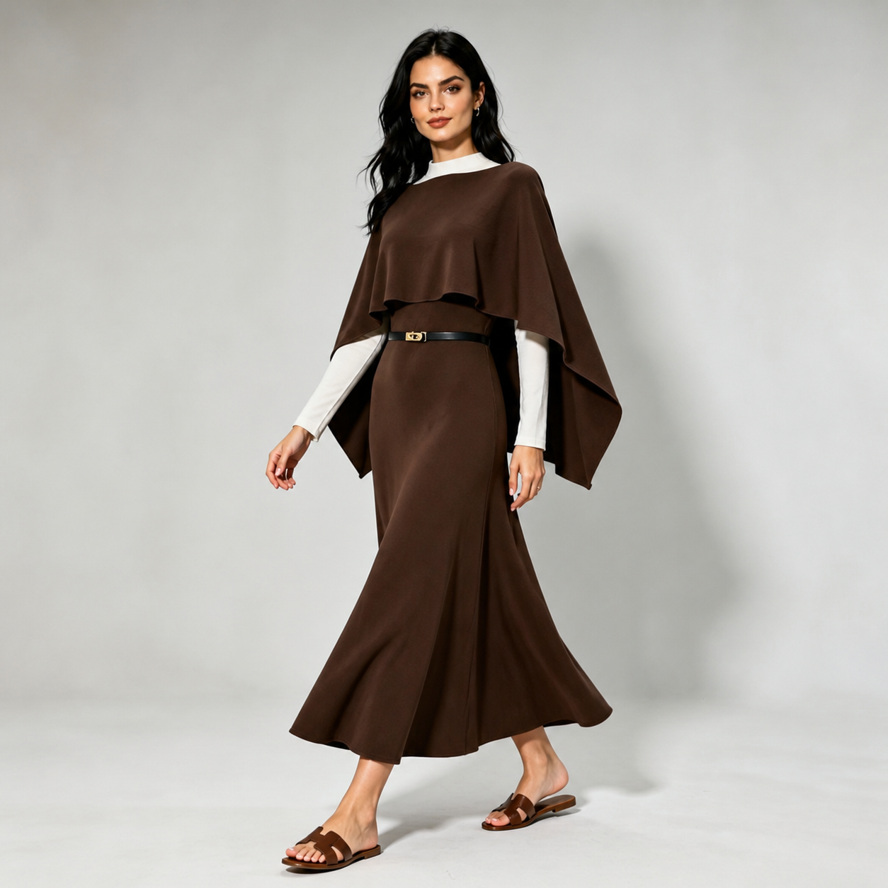 Robe longue chocolat avec cape et ceinture Tsniout — vue 3 — Maille fluide