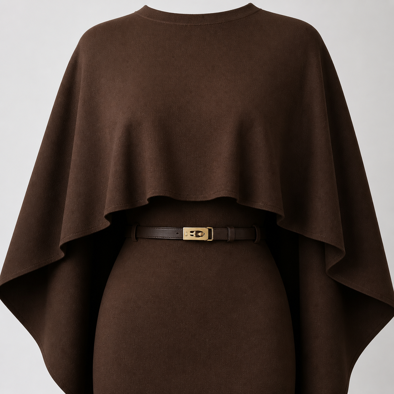 Robe longue chocolat avec cape et ceinture Tsniout — vue 4 — Maille fluide