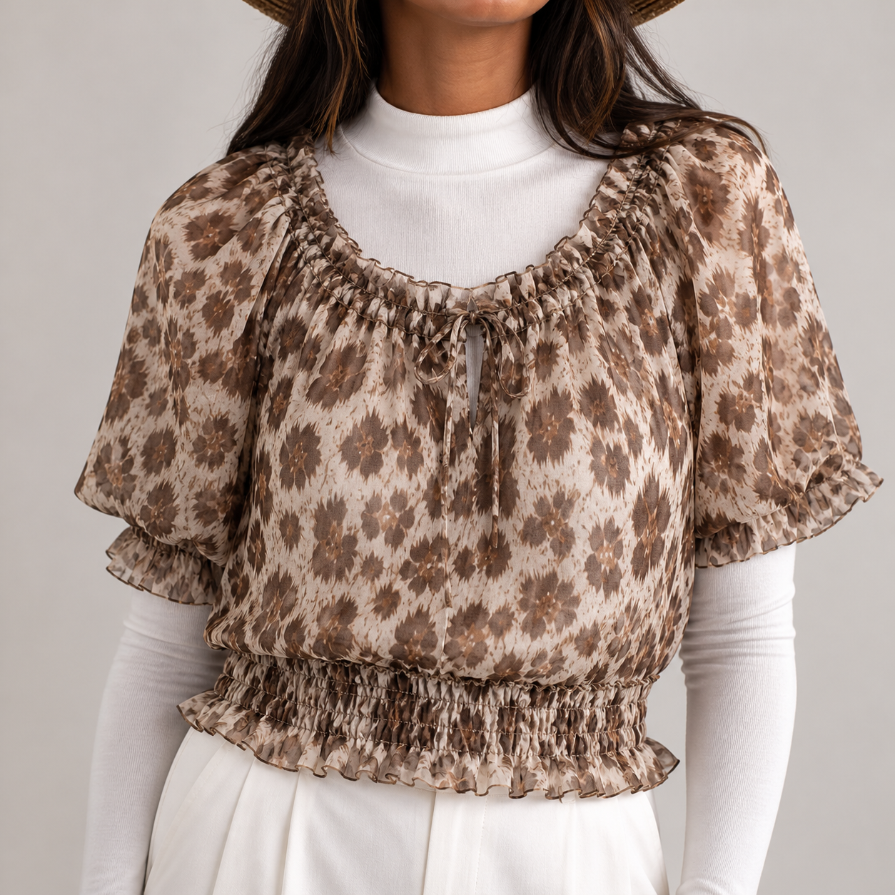 Blouse beige imprimé léopard Tsniout — vue 4 — Viscose 95 %, élasthanne 5 %