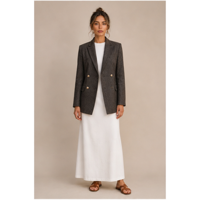 Blazer gris structuré Tsniout — 100 % polyester, texture chevron