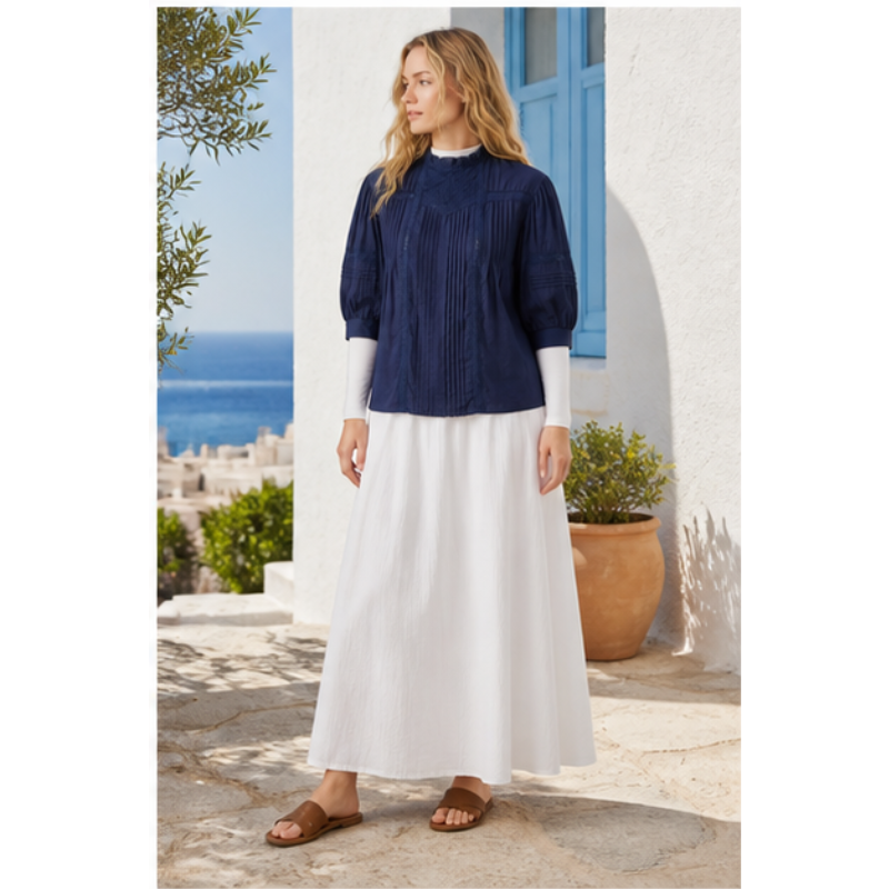 Blouse bleu marine plissée brodée Tsniout — vue 3 — Matière texturée à détails brodés