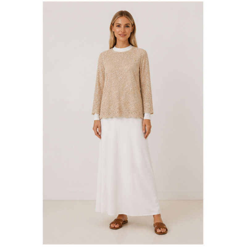 Blouse beige en dentelle fleurie Tsniout — Dentelle fleurie doublée
