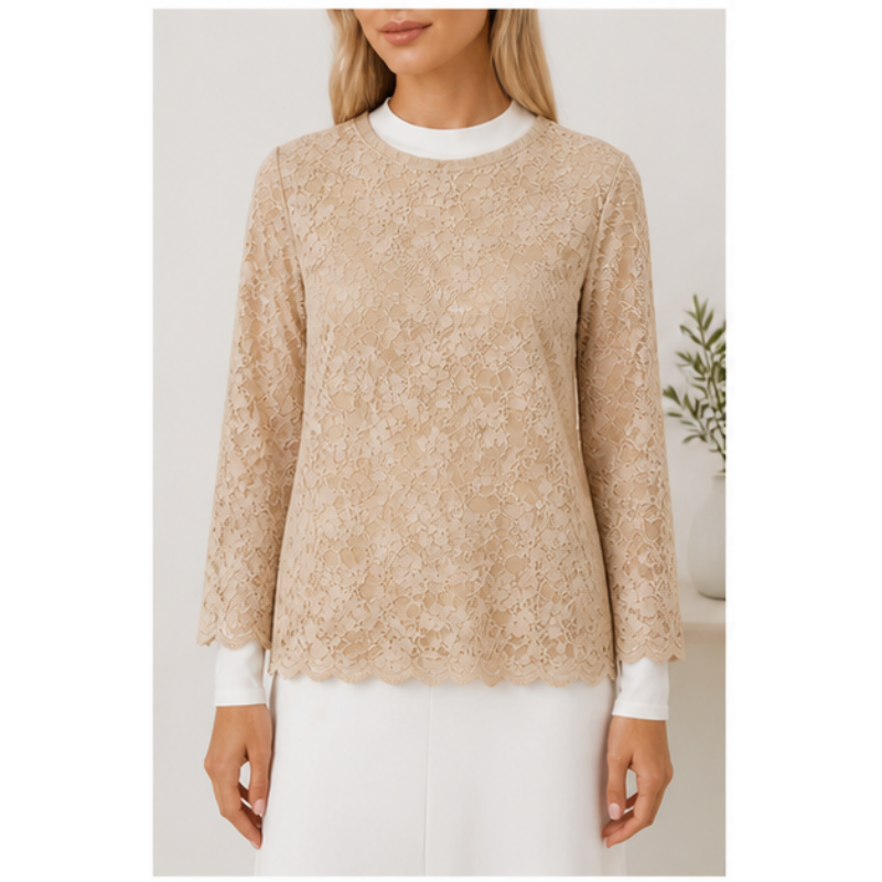Blouse beige en dentelle fleurie Tsniout — vue 4 — Dentelle fleurie doublée