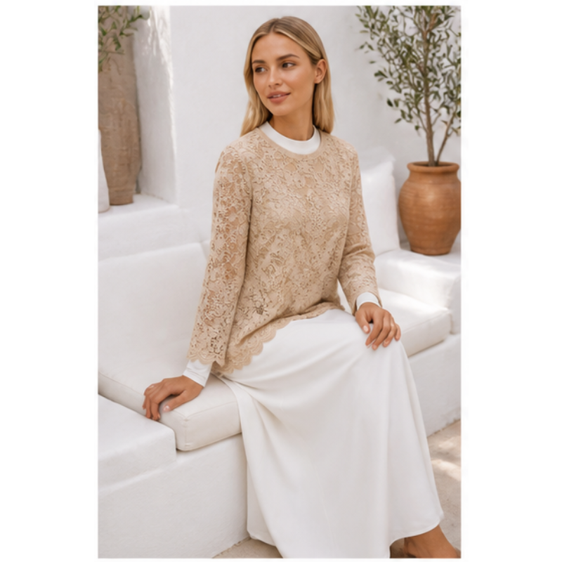 Blouse beige en dentelle fleurie Tsniout — vue 5 — Dentelle fleurie doublée