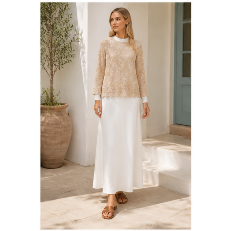 Blouse beige en dentelle fleurie Tsniout — vue 6 — Dentelle fleurie doublée