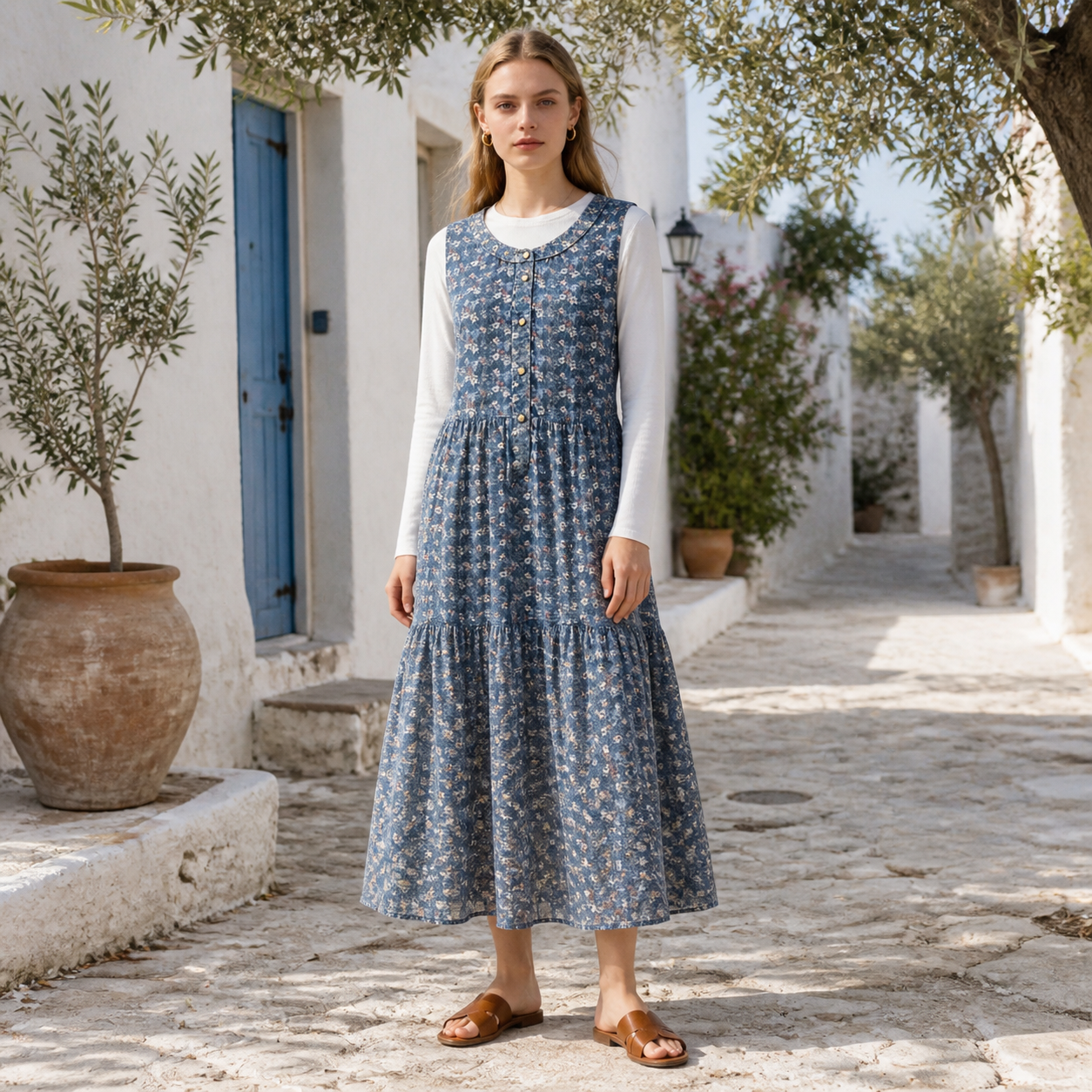 Robe longue bleue fleurie boutonnée Tsniout — vue 6 — Tissu fluide fleuri