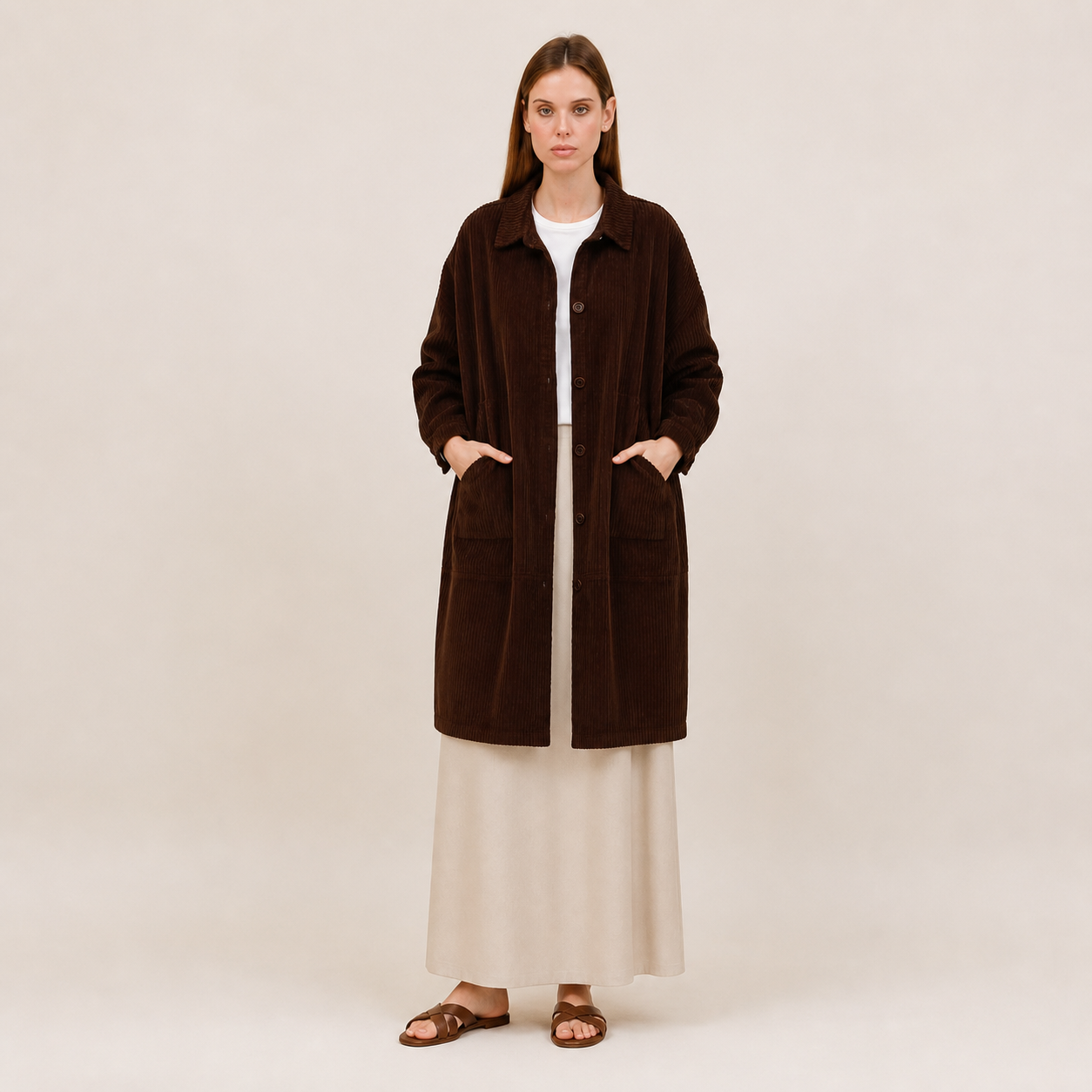 Manteau long marron en velours côtelé Tsniout — Velours côtelé 100 % coton