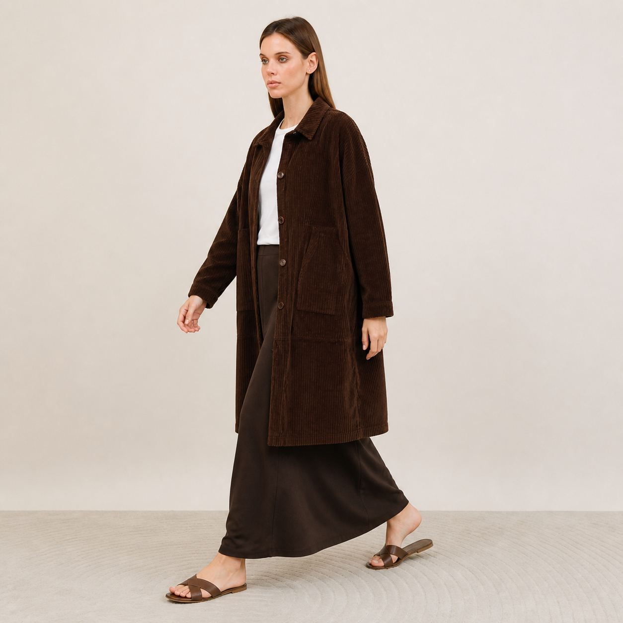 Manteau long marron en velours côtelé Tsniout — vue 3 — Velours côtelé 100 % coton