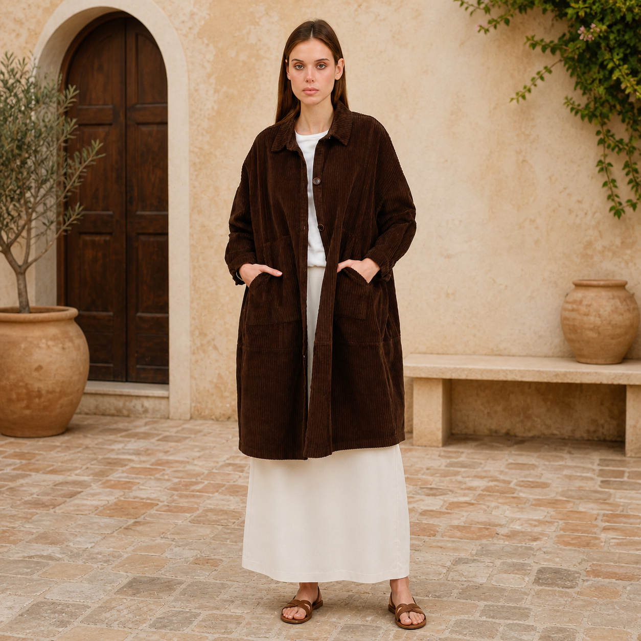 Manteau long marron en velours côtelé Tsniout — vue 6 — Velours côtelé 100 % coton