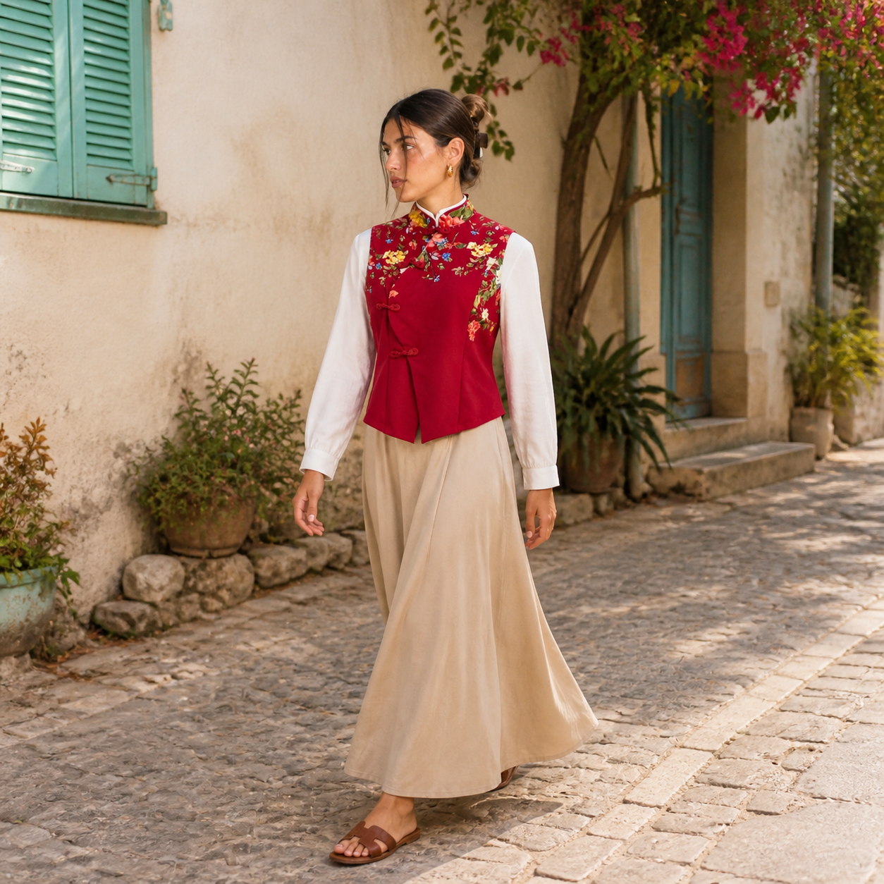 Top rouge à col chinois floral Tsniout — vue 3 — Polyester 95 %, élasthanne 5 %