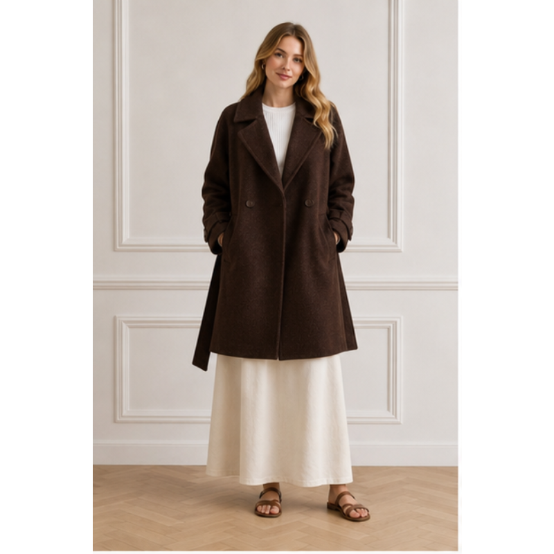 Manteau mi-long chocolat ceinturé Tsniout — 70 % laine, 30 % polyester recyclé