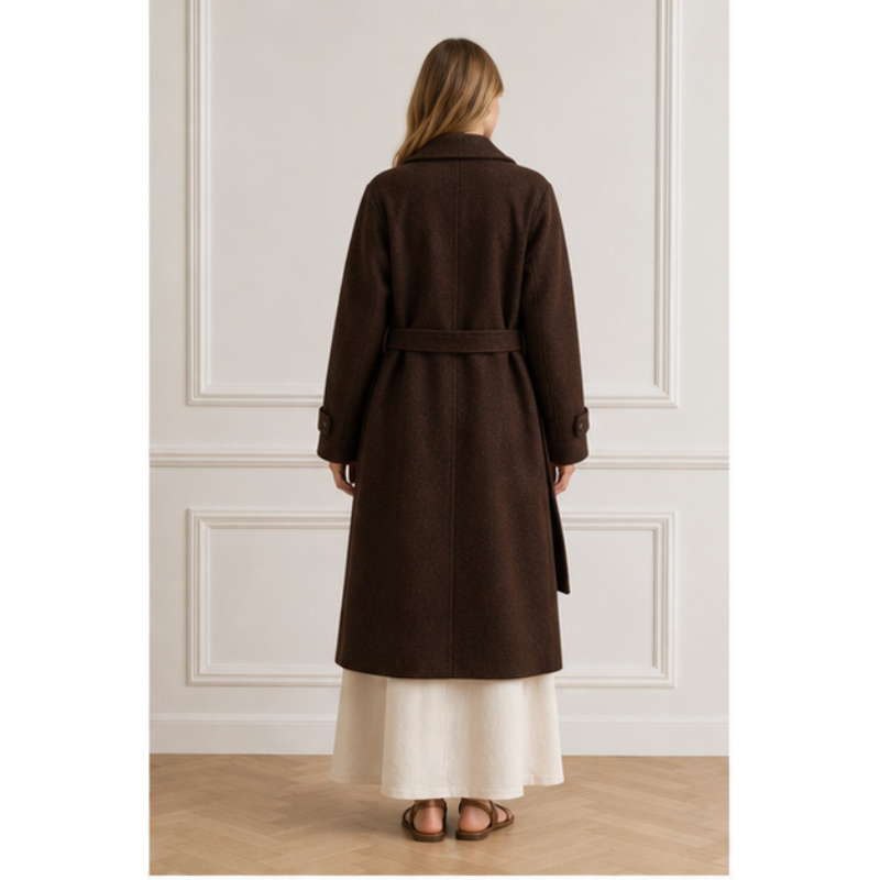 Manteau mi-long chocolat ceinturé Tsniout — vue 2 — 70 % laine, 30 % polyester recyclé