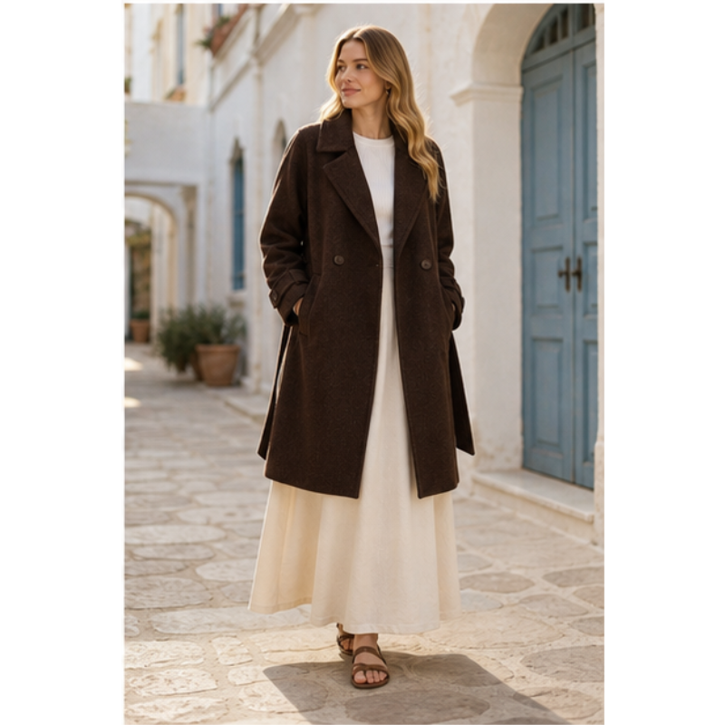 Manteau mi-long chocolat ceinturé Tsniout — vue 3 — 70 % laine, 30 % polyester recyclé