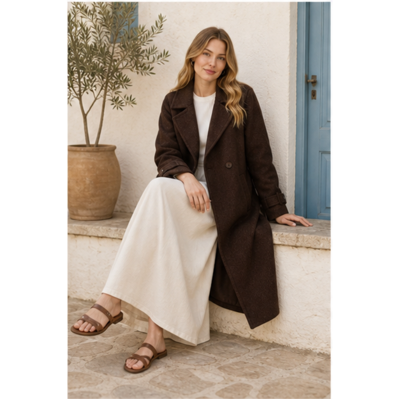 Manteau mi-long chocolat ceinturé Tsniout — vue 5 — 70 % laine, 30 % polyester recyclé