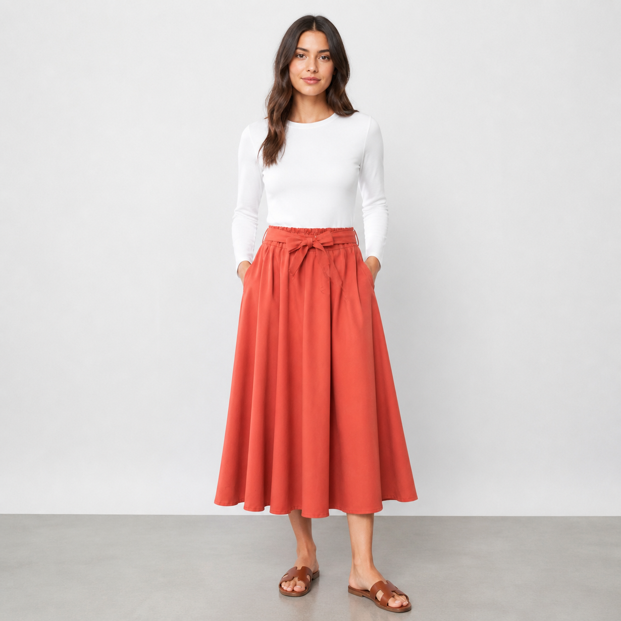 Jupe midi brique fluide à ceinture nouée Tsniout — Matière fluide opaque, taille élastique