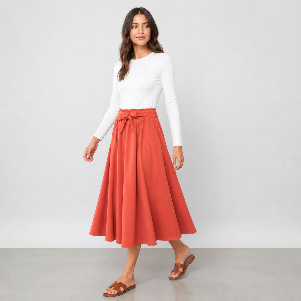 Jupe midi brique fluide à ceinture nouée Tsniout — vue 3 — Matière fluide opaque, taille élastique