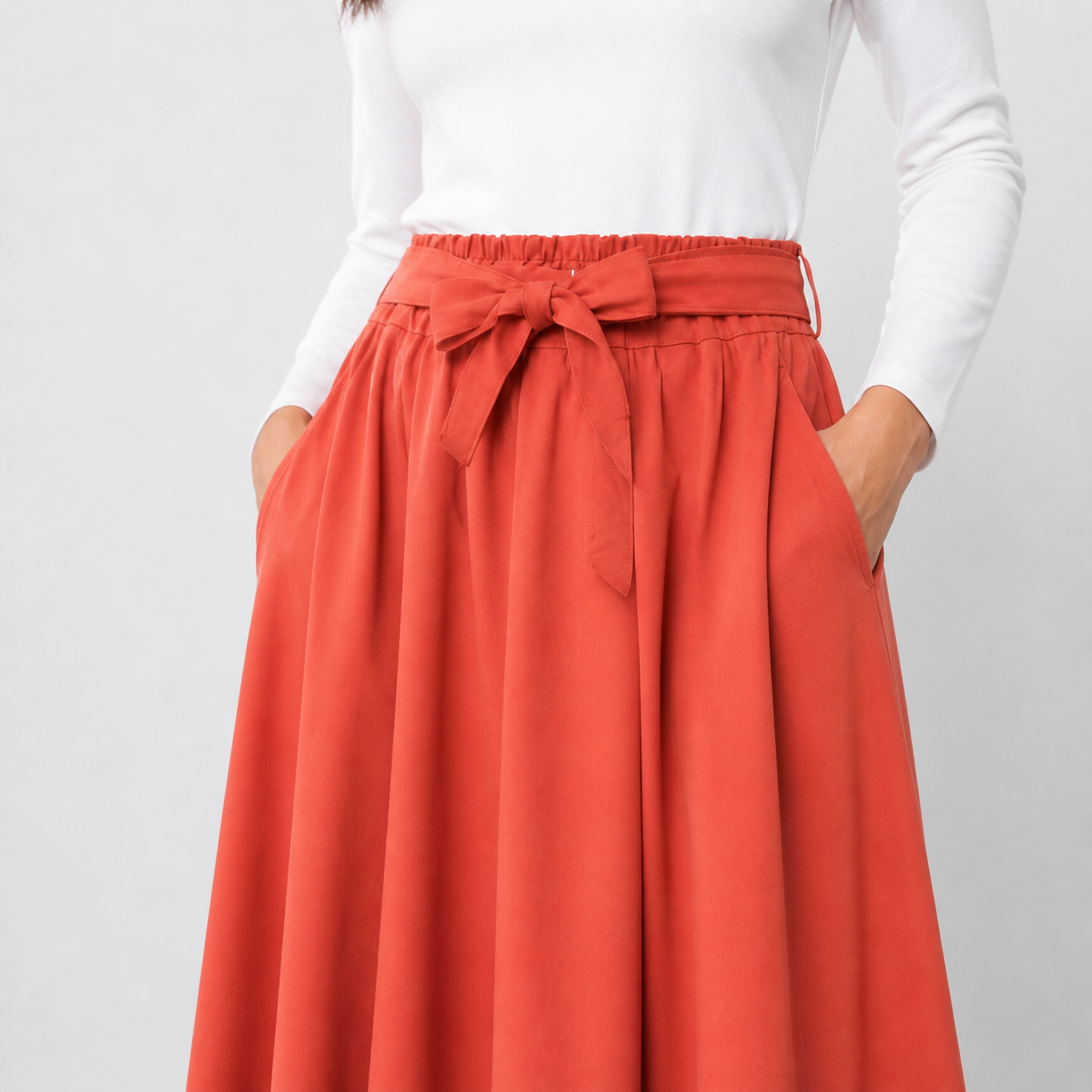 Jupe midi brique fluide à ceinture nouée Tsniout — vue 4 — Matière fluide opaque, taille élastique