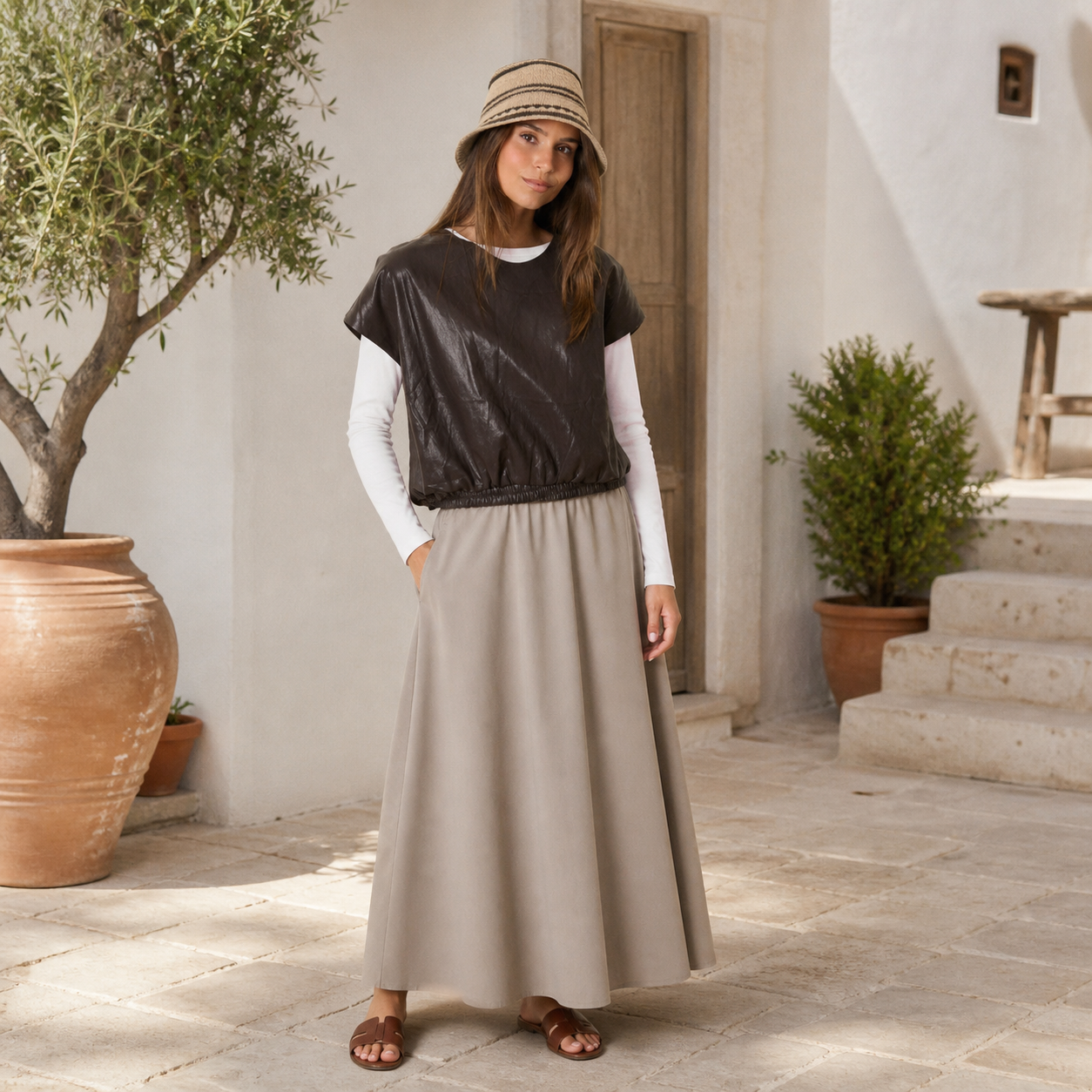 Top marron effet cuir Tsniout — vue 6 — Similicuir PU 100%, finition brillante
