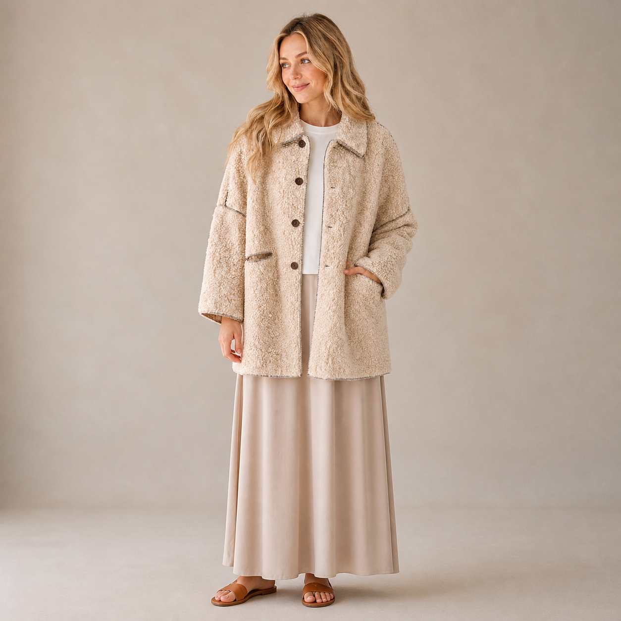 Veste teddy beige à boutons Tsniout — Tissu teddy bouclé doux et chaud