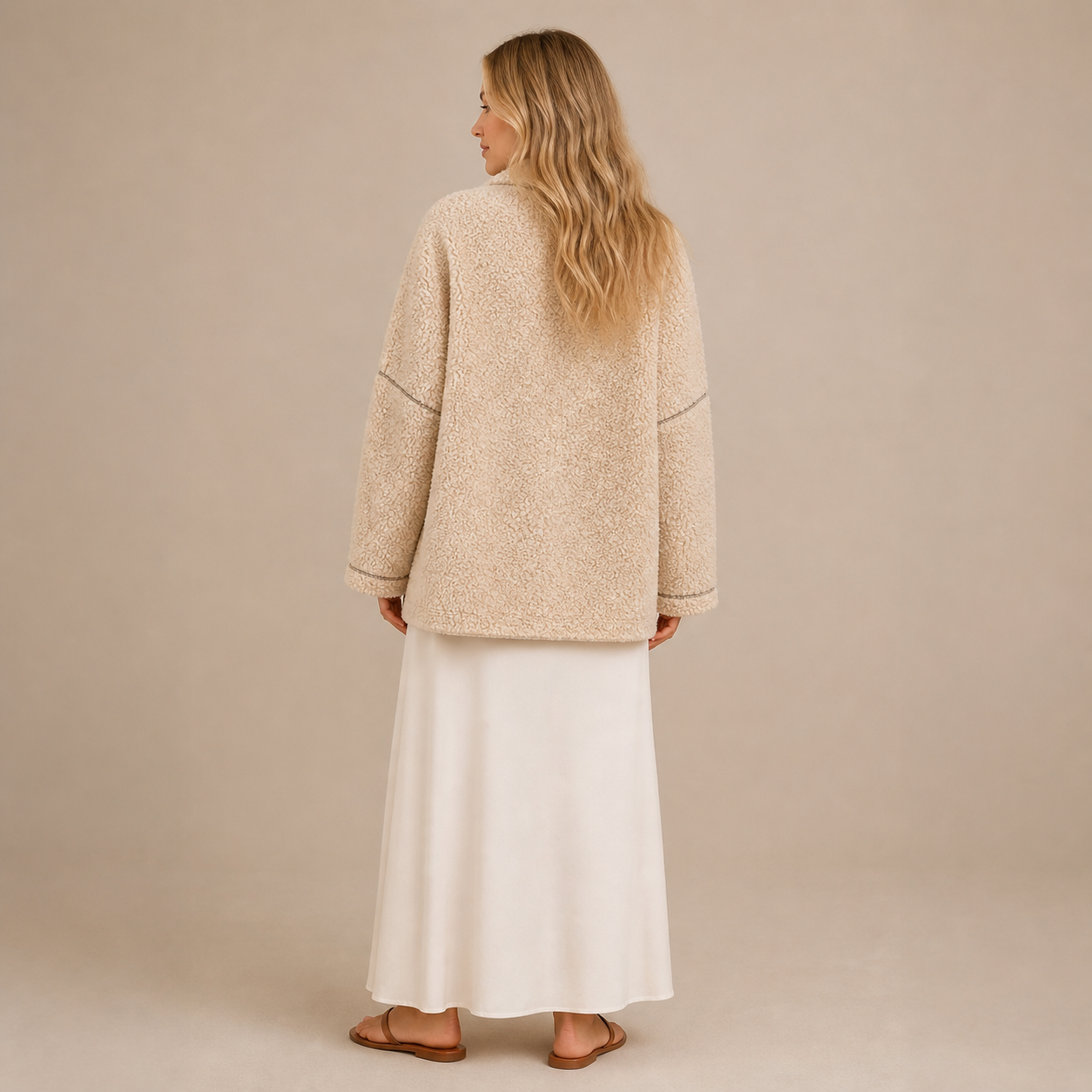 Veste teddy beige à boutons Tsniout — vue 2 — Tissu teddy bouclé doux et chaud