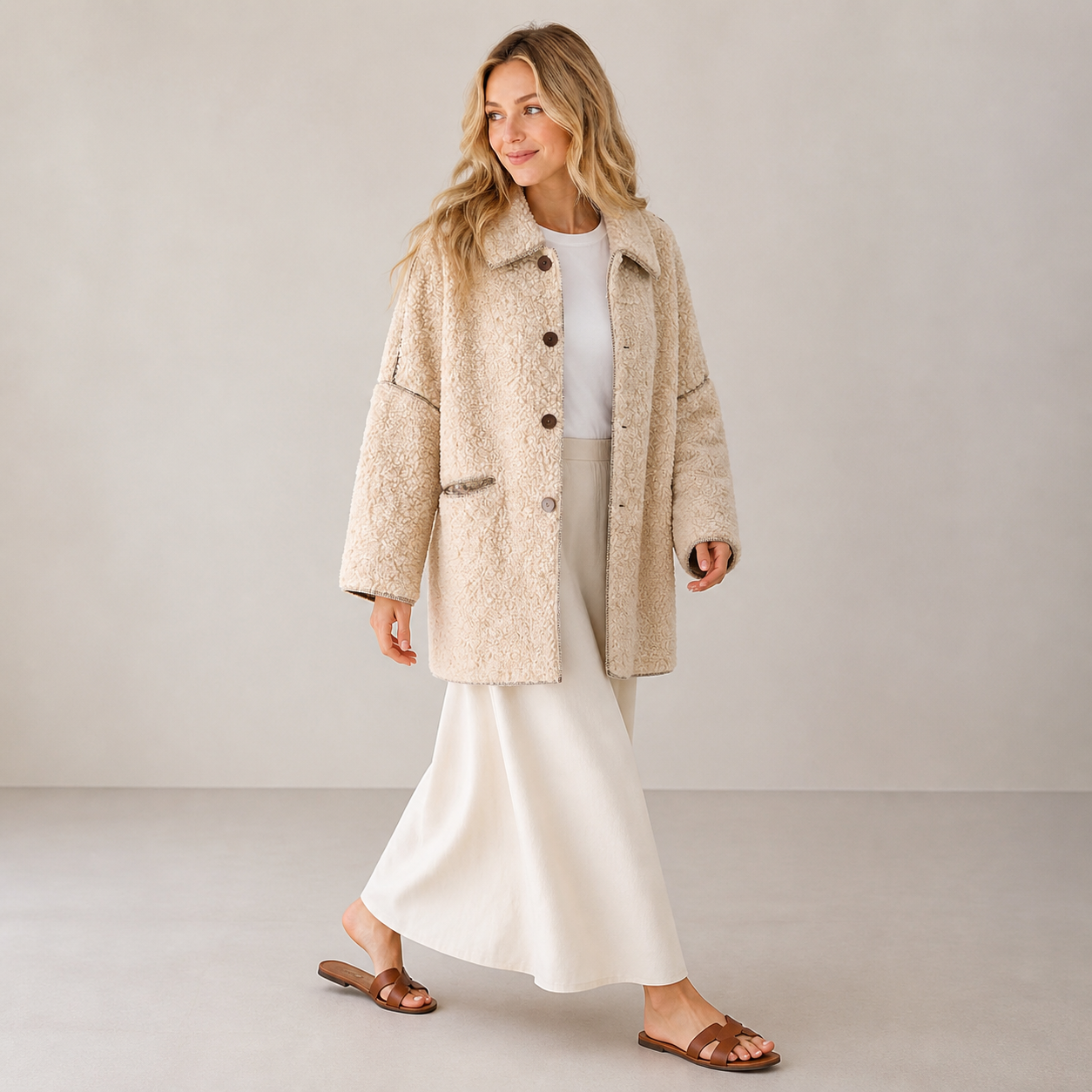 Veste teddy beige à boutons Tsniout — vue 3 — Tissu teddy bouclé doux et chaud