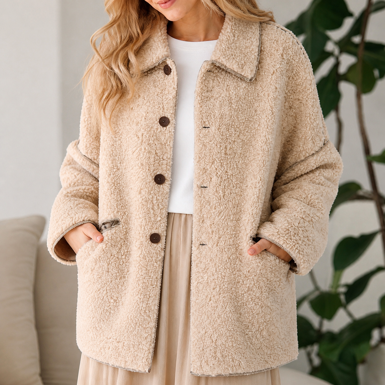 Veste teddy beige à boutons Tsniout — vue 4 — Tissu teddy bouclé doux et chaud