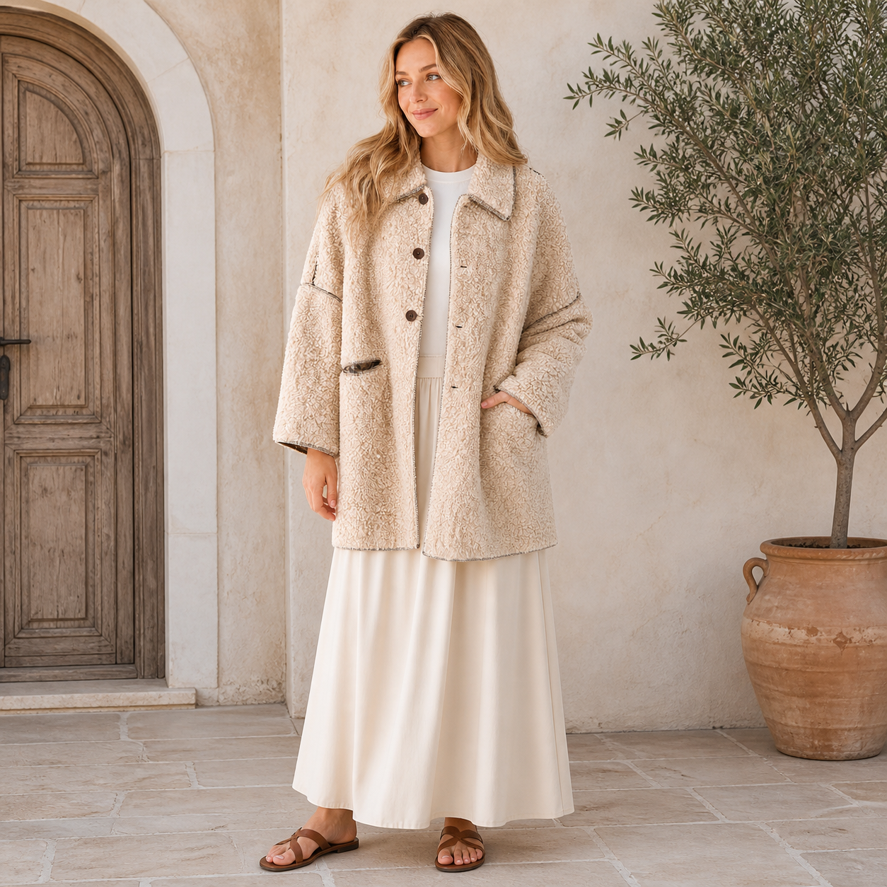 Veste teddy beige à boutons Tsniout — vue 6 — Tissu teddy bouclé doux et chaud