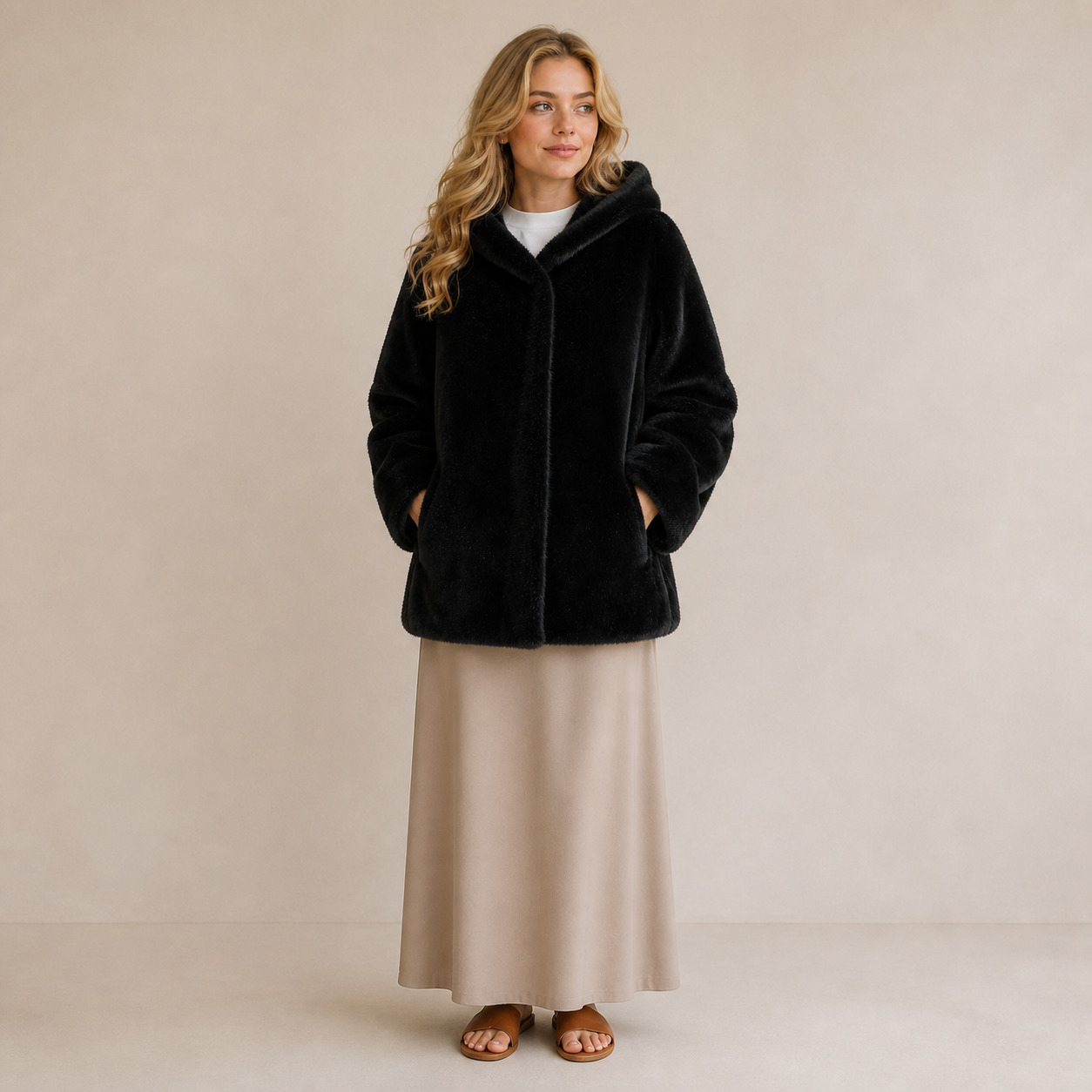 Manteau noir en fausse fourrure à capuche Tsniout — Fausse fourrure noire douce et épaisse