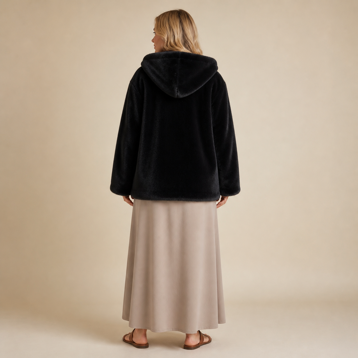 Manteau noir en fausse fourrure à capuche Tsniout — vue 2 — Fausse fourrure noire douce et épaisse
