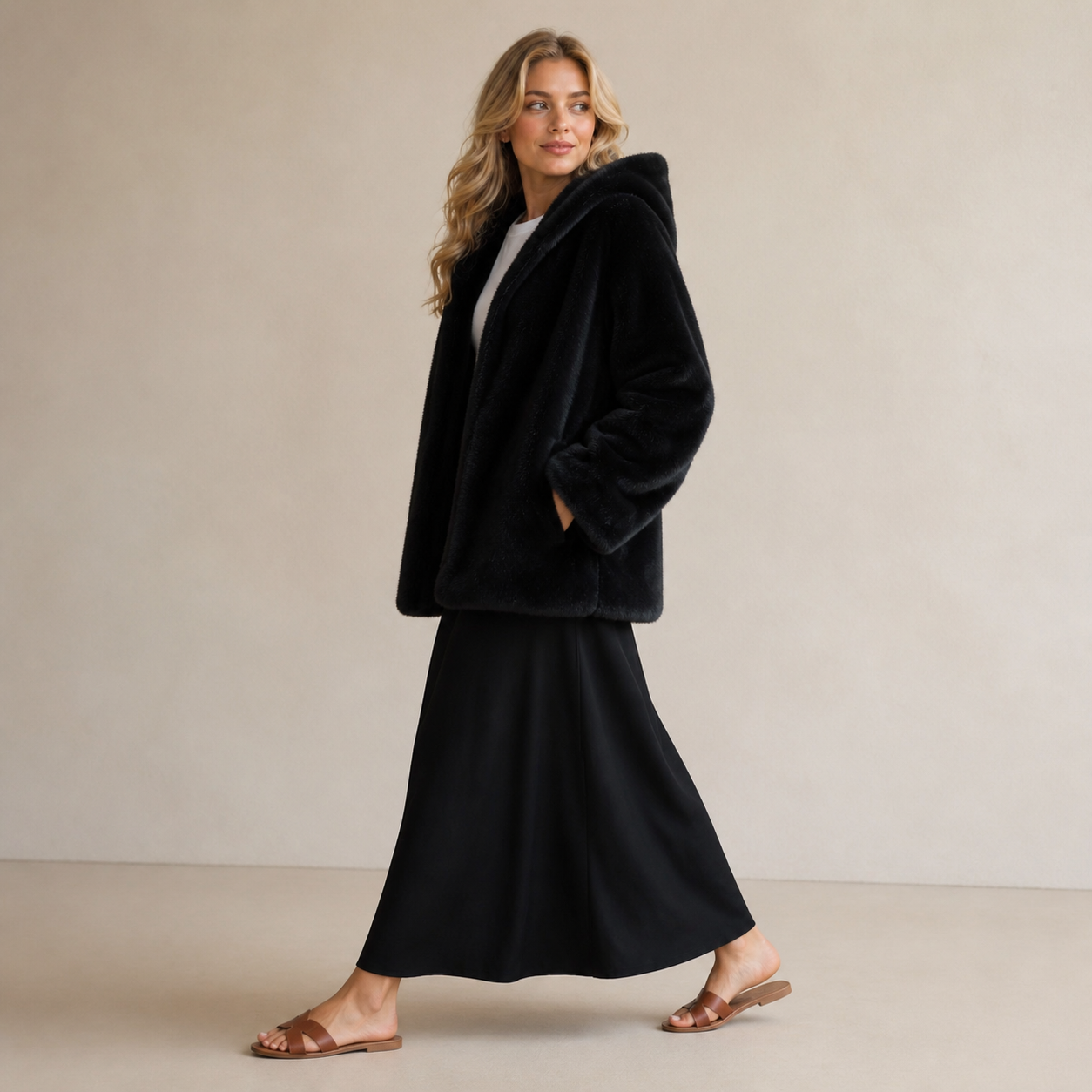 Manteau noir en fausse fourrure à capuche Tsniout — vue 3 — Fausse fourrure noire douce et épaisse