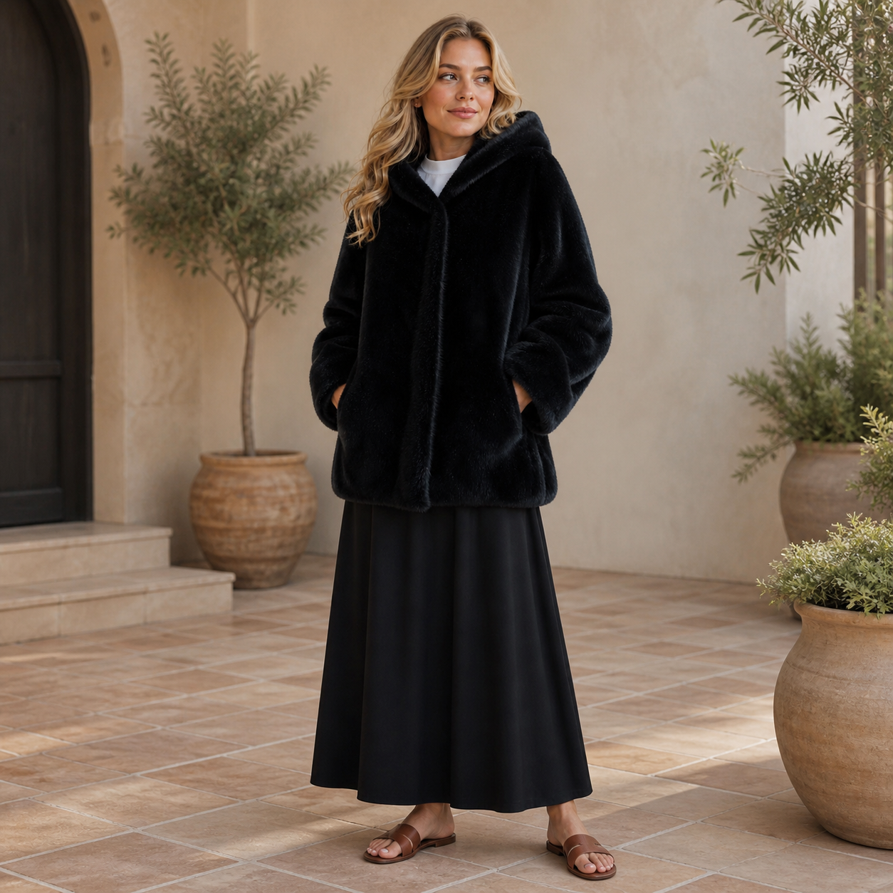 Manteau noir en fausse fourrure à capuche Tsniout — vue 6 — Fausse fourrure noire douce et épaisse