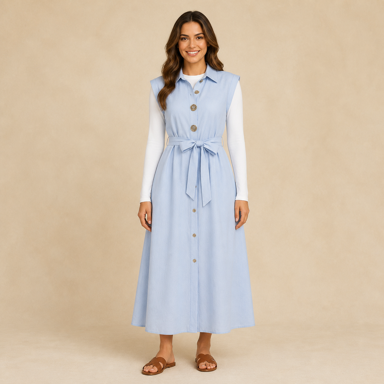 Robe longue bleu clair à col chemise Tsniout — Tissu léger bleu clair, coupe longue et fluide