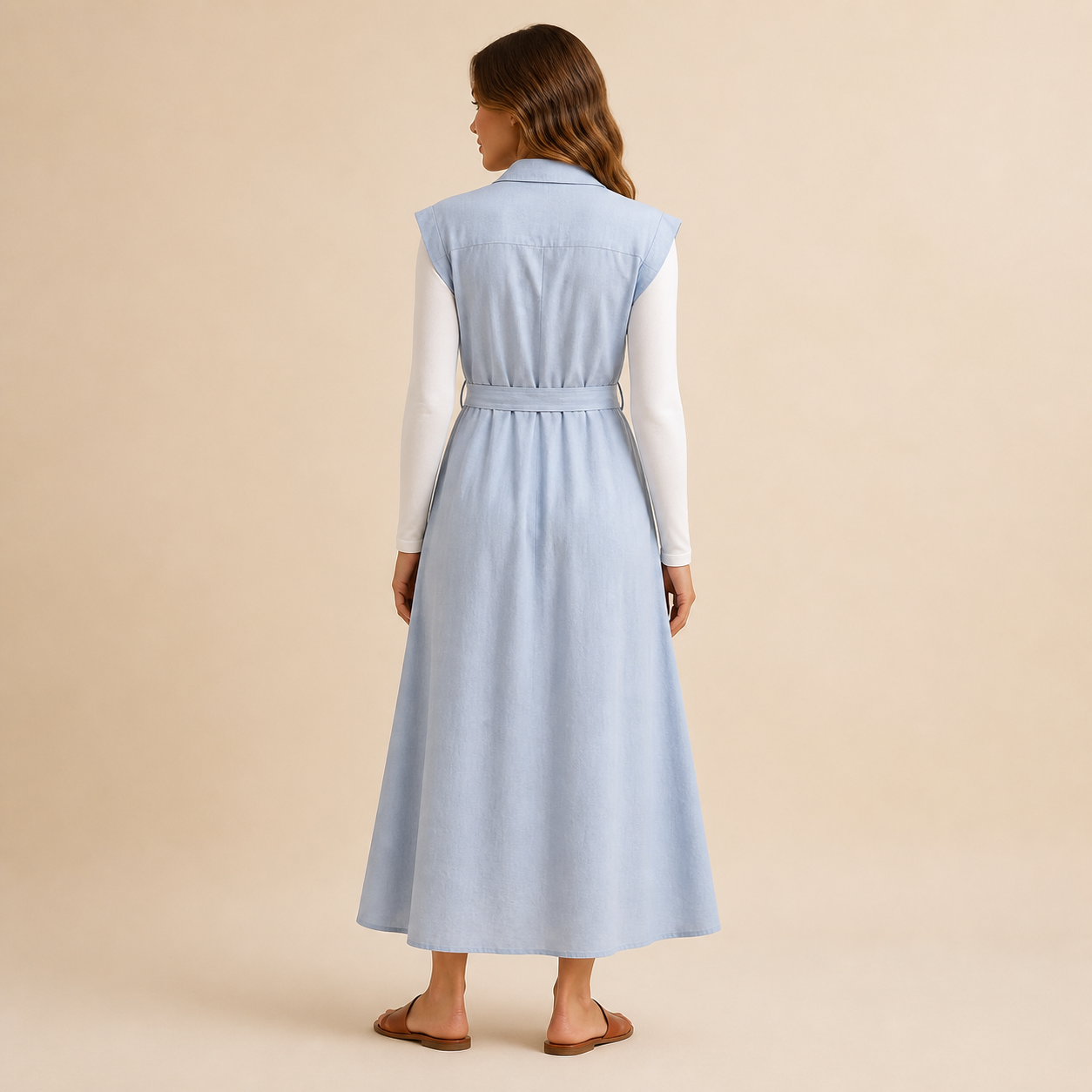 Robe longue bleu clair à col chemise Tsniout — vue 2 — Tissu léger bleu clair, coupe longue et fluide