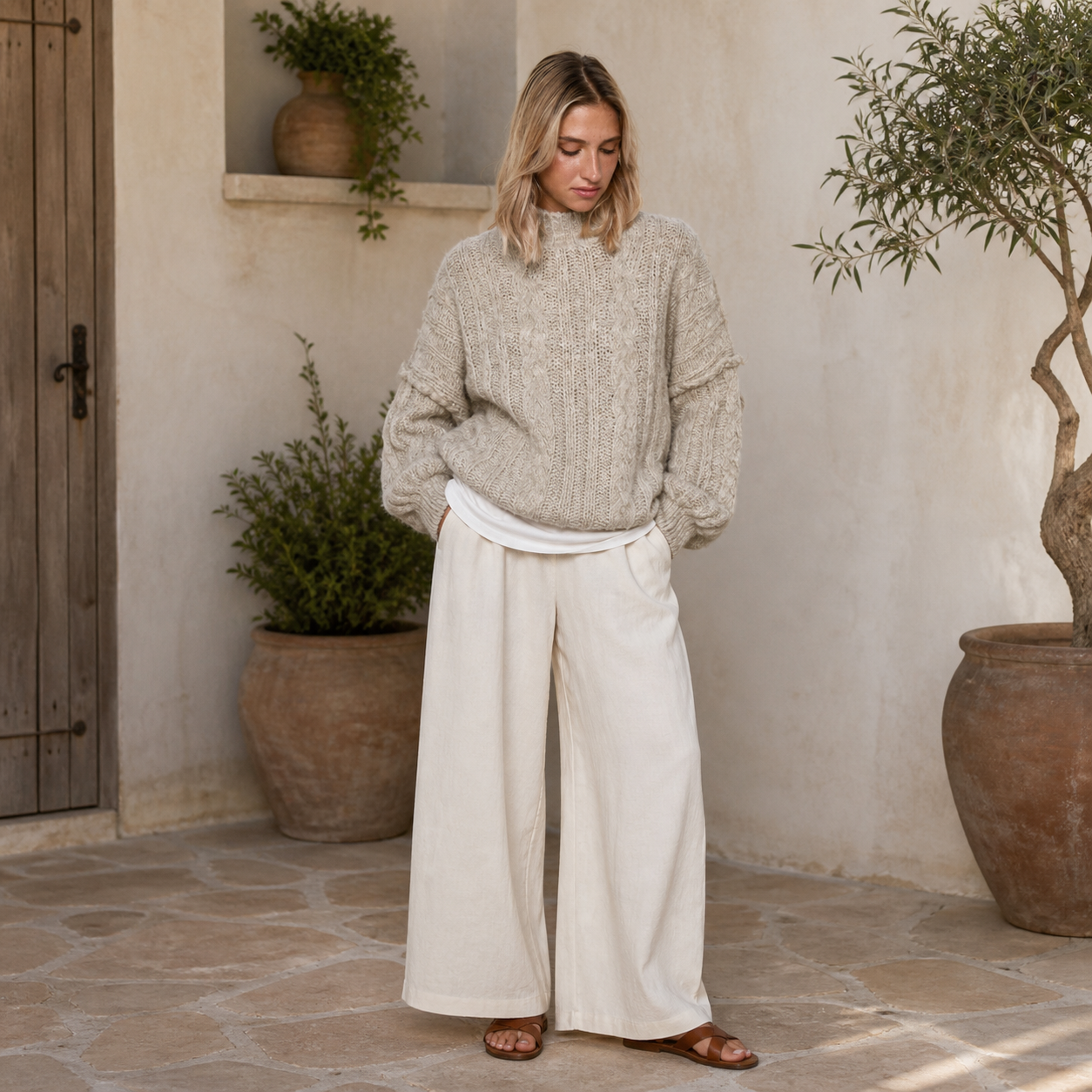 Pull beige en grosse maille Tsniout — vue 6 — Grosse maille torsadée, finition côtelée