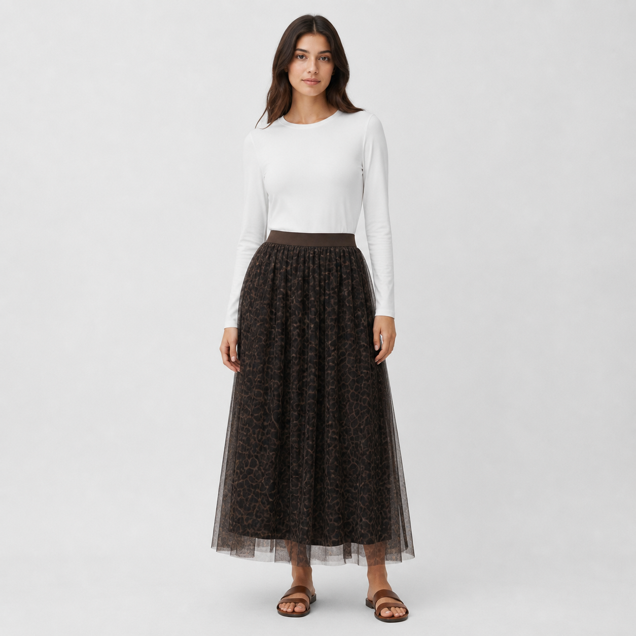 Jupe longue choco en tulle imprimé Tsniout — Tulle opaque doublé, imprimé choco
