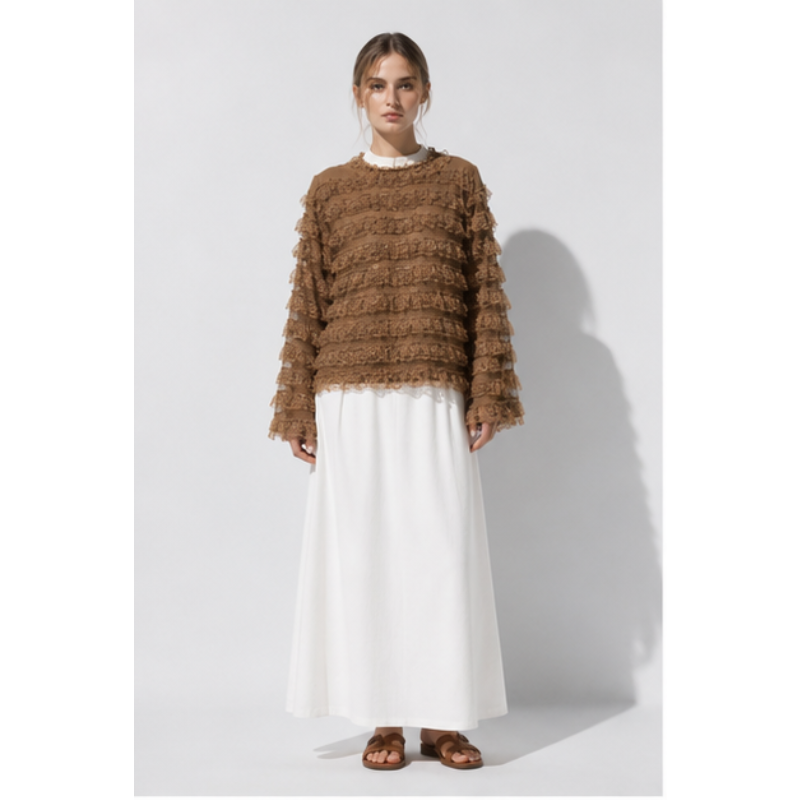 Blouse taupe à volants en dentelle Tsniout — Polyester léger à volants en dentelle
