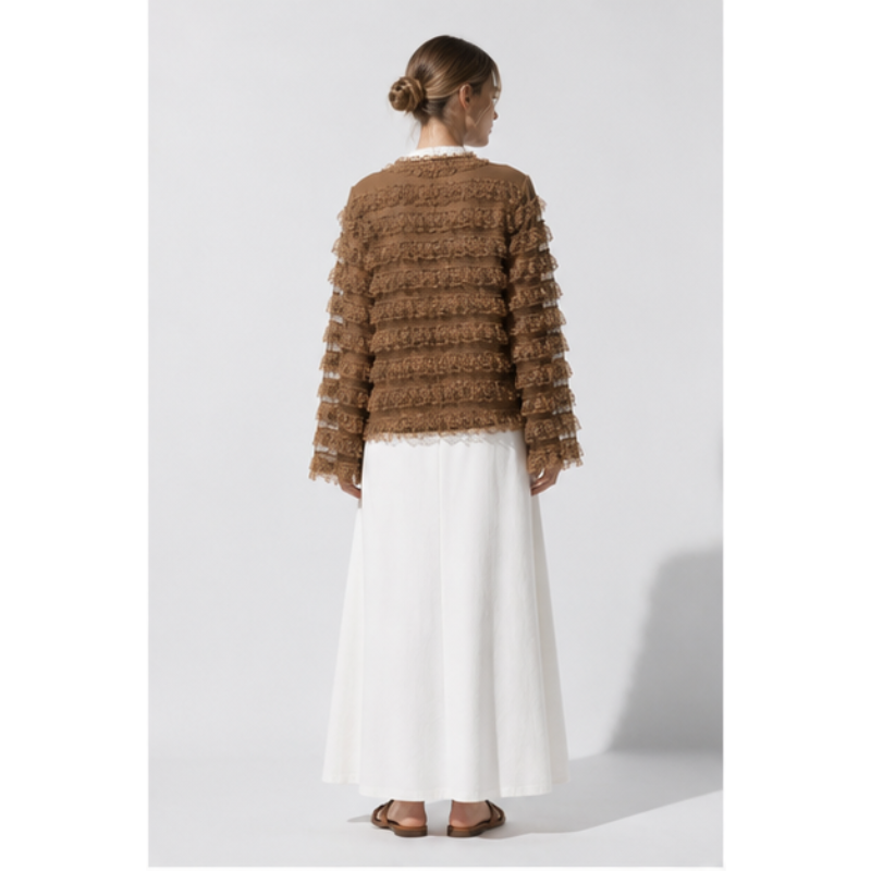 Blouse taupe à volants en dentelle Tsniout — vue 2 — Polyester léger à volants en dentelle